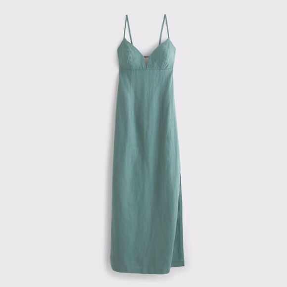 ABERCROMBIE & FITCH Linen Cutout Midi Dress Deep Sage SIZE XL - Picture 3 of 11
